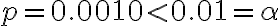 p=0.0010 < 0.01=\alpha