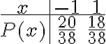   \begin{align*} \begin{array}{c|cc} x & -1 & 1 \\ \hline P(x) & \frac{20}{38} & \frac{18}{38} \end{array}\end{align*}  