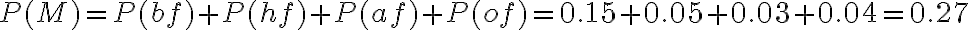  \begin{align*} P(M)=P(b f)+P(h f)+P(a f)+P(o f)=0.15+0.05+0.03+0.04=0.27 \end{align*} 