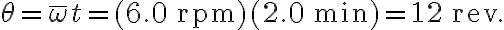\theta=\bar{\omega} t=(6.0 \, \mathrm{rpm})(2.0 \, \mathrm{~min})=12 \, \mathrm{rev}.