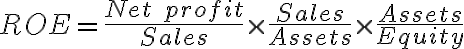 ROE = \frac{Net \ profit}{Sales} \times \frac{Sales}{Assets} \times \frac{Assets}{Equity} ROE = \frac{Net \ profit}{Sales} \times \frac{Sales}{Assets} \times \frac{Assets}{Equity}