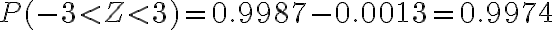 \begin{align*} P(-3 < Z < 3) = 0.9987-0.0013 = 0.9974 \end{align*} 