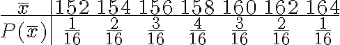 \begin{array}{c|ccccccc}\bar{x} & 152 & 154 & 156 & 158 & 160 & 162 & 164 \\\hline P(\bar{x}) & \frac{1}{16} & \frac{2}{16} & \frac{3}{16} & \frac{4}{16} & \frac{3}{16} & \frac{2}{16} & \frac{1}{16}\end{array}