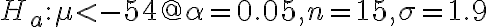 H_{a}: \mu < -54 @ \alpha=0.05, n=15, \sigma=1.9