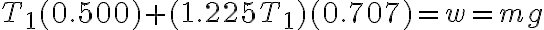 T_1(0.500)+(1.225T_1)(0.707)=w=mg
