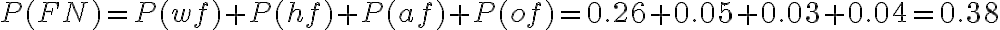  \begin{align*} P(F N)=P(w f)+P(h f)+P(a f)+P(o f)=0.26+0.05+0.03+0.04=0.38 \end{align*} 