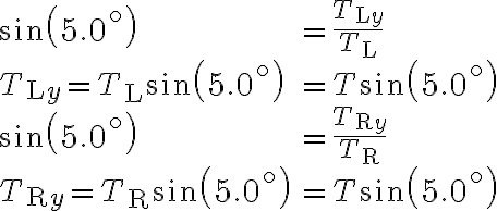 \begin{array}{ll}\sin \left(5.0^{\circ}\right) & =\frac{T_{\mathrm{L} y}}{T_{\mathrm{L}}} \\T_{\mathrm{L} y}=T_{\mathrm{L}} \sin \left(5.0^{\circ}\right) & =T \sin \left(5.0^{\circ}\right) \\\sin \left(5.0^{\circ}\right)
            & =\frac{T_{\mathrm{R} y}}{T_{\mathrm{R}}} \\T_{\mathrm{R} y}=T_{\mathrm{R}} \sin \left(5.0^{\circ}\right) & =T \sin \left(5.0^{\circ}\right)\end{array}