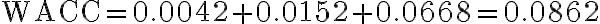 \text{WACC} =0.0042+0.0152+0.0668=0.0862