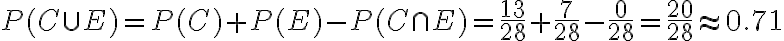  \begin{align*} P(C \cup E)=P(C)+P(E)-P(C \cap E)=\frac{13}{28}+\frac{7}{28}-\frac{0}{28}=\frac{20}{28} \approx 0.71 \end{align*} 