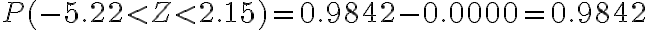  \begin{align*} P(-5.22 < Z < 2.15) = 0.9842-0.0000 = 0.9842 \end{align*} 