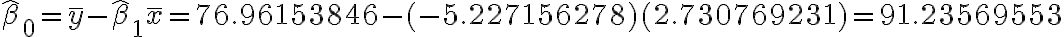 \hat{\beta}_{0}=\bar{y}-\hat{\beta}_{1} \bar{x}=76.96153846-(-5.227156278)(2.730769231)=91.23569553