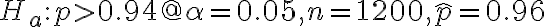 H_{a}: p > 0.94 @ \alpha=0.05, n=1200, \hat{p}=0.96