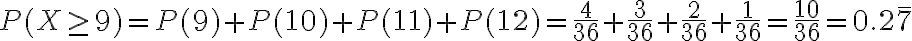  \begin{align*} P(X \geq 9)=P(9)+P(10)+P(11)+P(12)=\frac{4}{36}+\frac{3}{36}+\frac{2}{36}+\frac{1}{36}=\frac{10}{36}=0.2 \overline{7} \end{align*} 