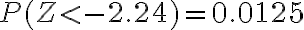 P(Z < -2.24)=0.0125