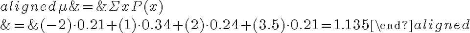  \begin{align*} \begin{aligned} \mu &=\Sigma x P(x) \\ &=(-2) \cdot 0.21+(1) \cdot 0.34+(2) \cdot 0.24+(3.5) \cdot 0.21=1.135 \end{aligned} \end{align*} 