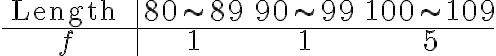  \begin{array}{c|ccc} \text { Length } & 80 \sim 89 & 90 \sim 99 & 100 \sim 109 \\ \hline f & 1 & 1 & 5 \end{array} 