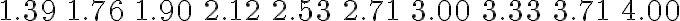 \begin{array}{llllllllll}1.39 & 1.76 & 1.90 & 2.12 & 2.53 & 2.71 & 3.00 & 3.33 & 3.71 & 4.00\end{array}