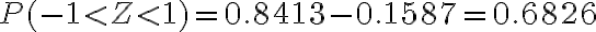  \begin{align*} P(-1 < Z < 1) = 0.8413-0.1587 = 0.6826 \end{align*} 