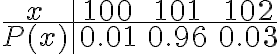 \begin{align*} \begin{array}{c|ccc} x & 100 & 101 & 102 \\ \hline P(x) & 0.01 & 0.96 & 0.03 \end{array} \end{align*}