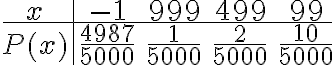  \begin{align*} \begin{array}{c|cccc} x & -1 & 999 & 499 & 99 \\ \hline P(x) & \frac{4987}{5000} & \frac{1}{5000} & \frac{2}{5000} & \frac{10}{5000} \end{array} \end{align*} 