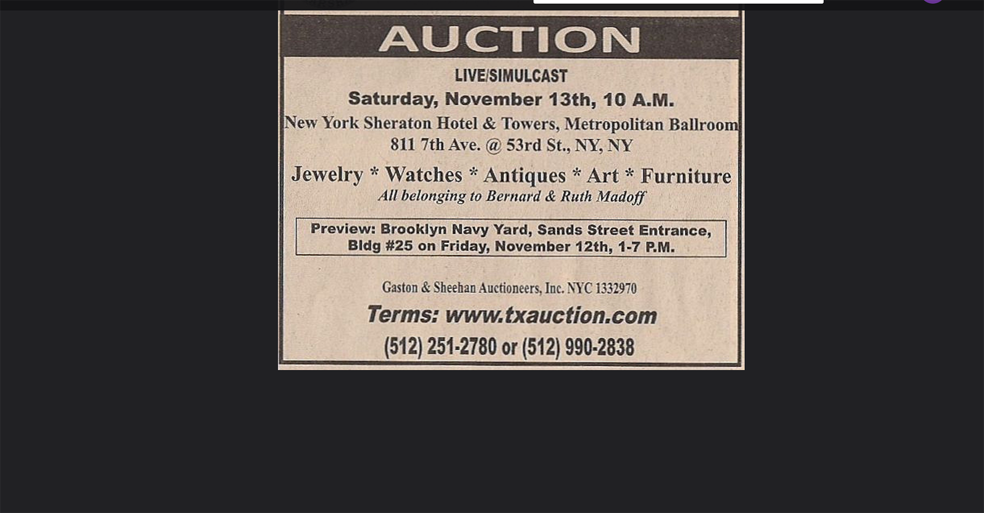 The posting reads as follows. Auction. Live, simulcast. Saturday, November 13th 10 a m. New York Sheraton hotel and towers, m