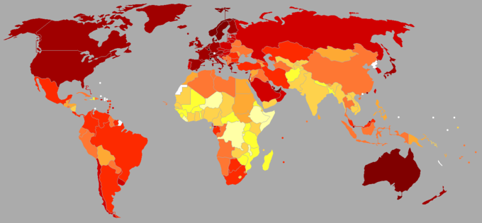 GDP per capita 2011 for the world economy; with the darkest reds being the highest and the lighter yellows to white being the