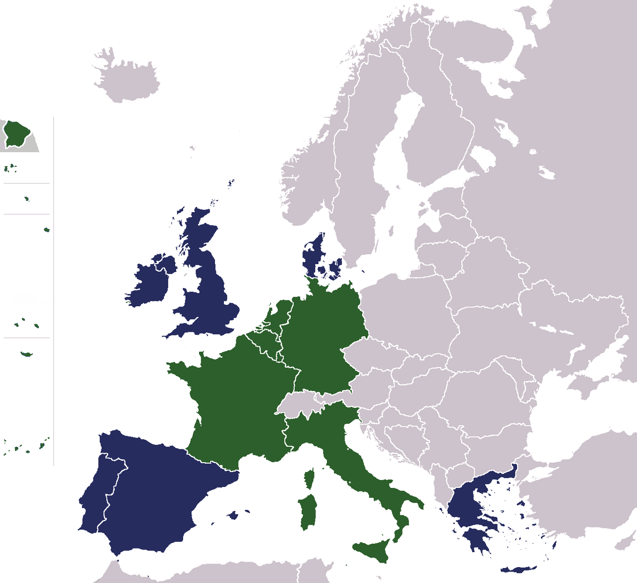 European Economic Community: Original member states (green) and later members (blue)
