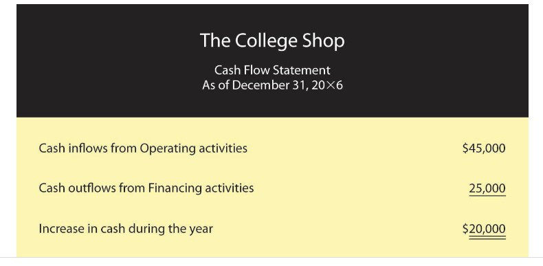 Cash Flow Statement for The College Shop for 20X6, showing cash from operations, financing, and the net increase in cash.