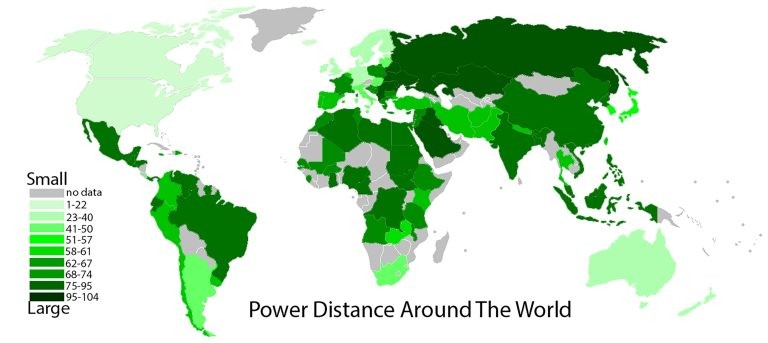 A color-coded world map titled Power Distance Around The World, grading metrics from small to large in shades of green.