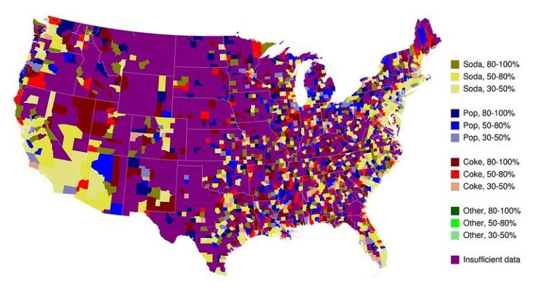 Chart displaying different slang terms for soft drinks and where they are used in the US.