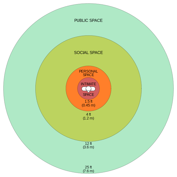 A diagram shows concentric circles of personal space: Intimate (1.5 ft), Personal (4 ft), Social (12 ft), and Public (25 ft)