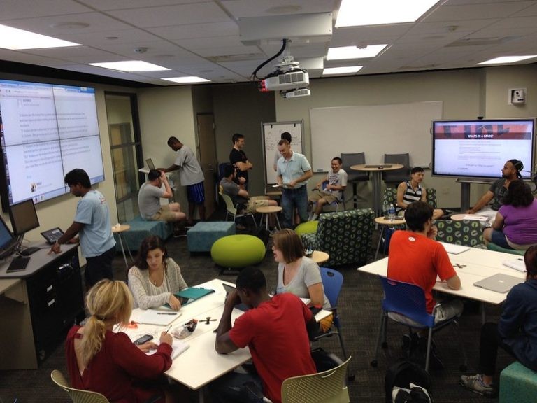 Students collaborating in an active learning classroom with flexible seating, whiteboards, and digital screens