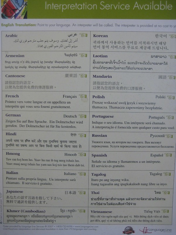 An language interpretation chart showing translated instructions to point to your language to request an interpreter.