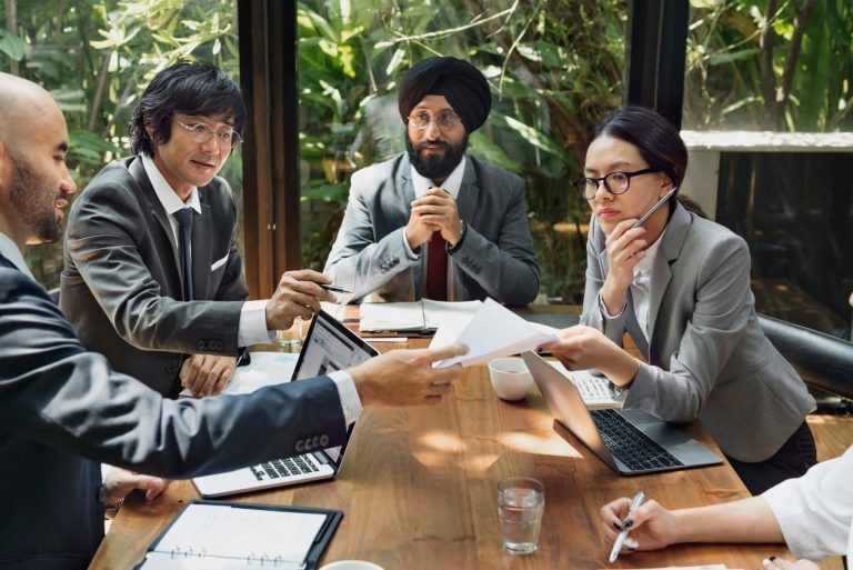 A group of business people communicating