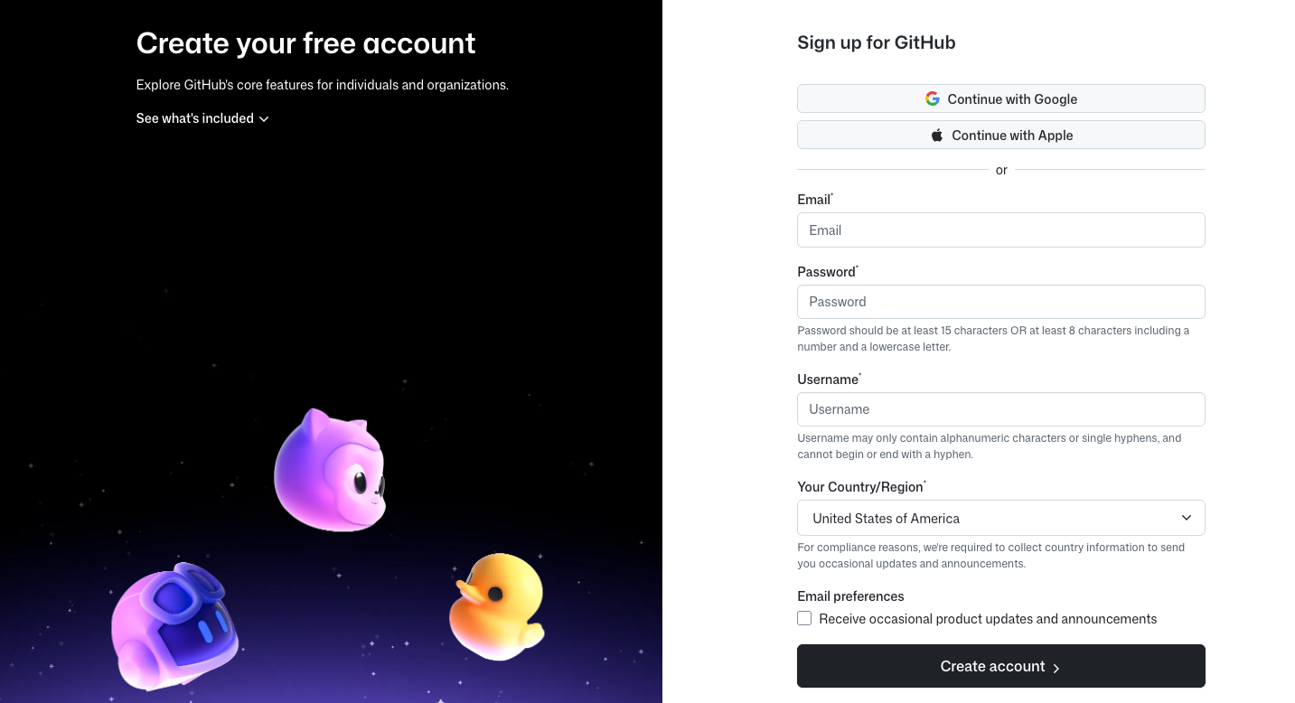 The GitHub user account registration interface with text fields for Email, Password, Username, and Region.