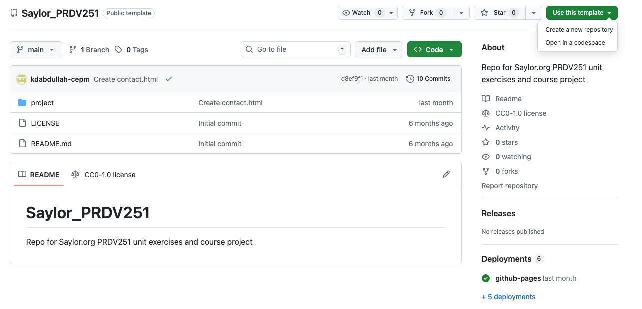 GitHub repository page for Saylor_PRDV251 showing the Use this template dropdown menu open.