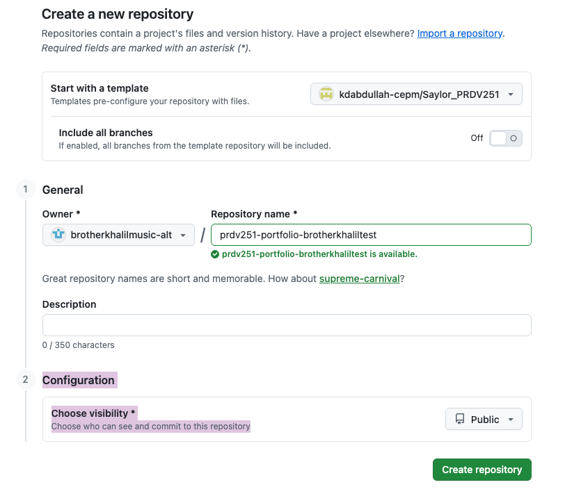 The "Create a new repository" setup page on GitHub has a customized repository name text input field pre-filled.