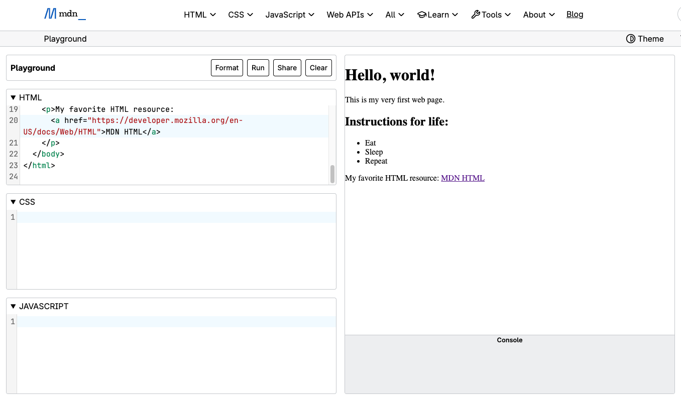 Screenshot of MDN Playground showing anchor link HTML code next to a preview page displaying the text "Hello world".