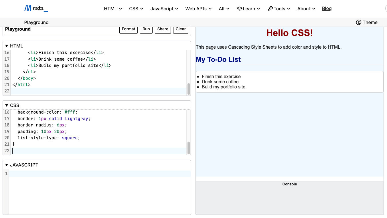 Screenshot of MDN Playground showing a code editor split with HTML and CSS panels next to a rendered preview page.