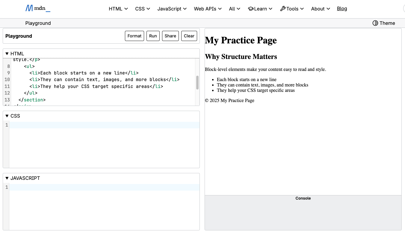 Screenshot of MDN Playground demonstrating a styled webpage layout using a CSS class selector named intro.
