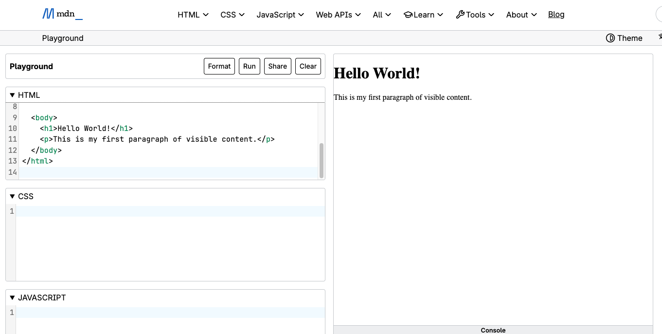 Browser preview showing the rendered heading and paragraph from the body example code