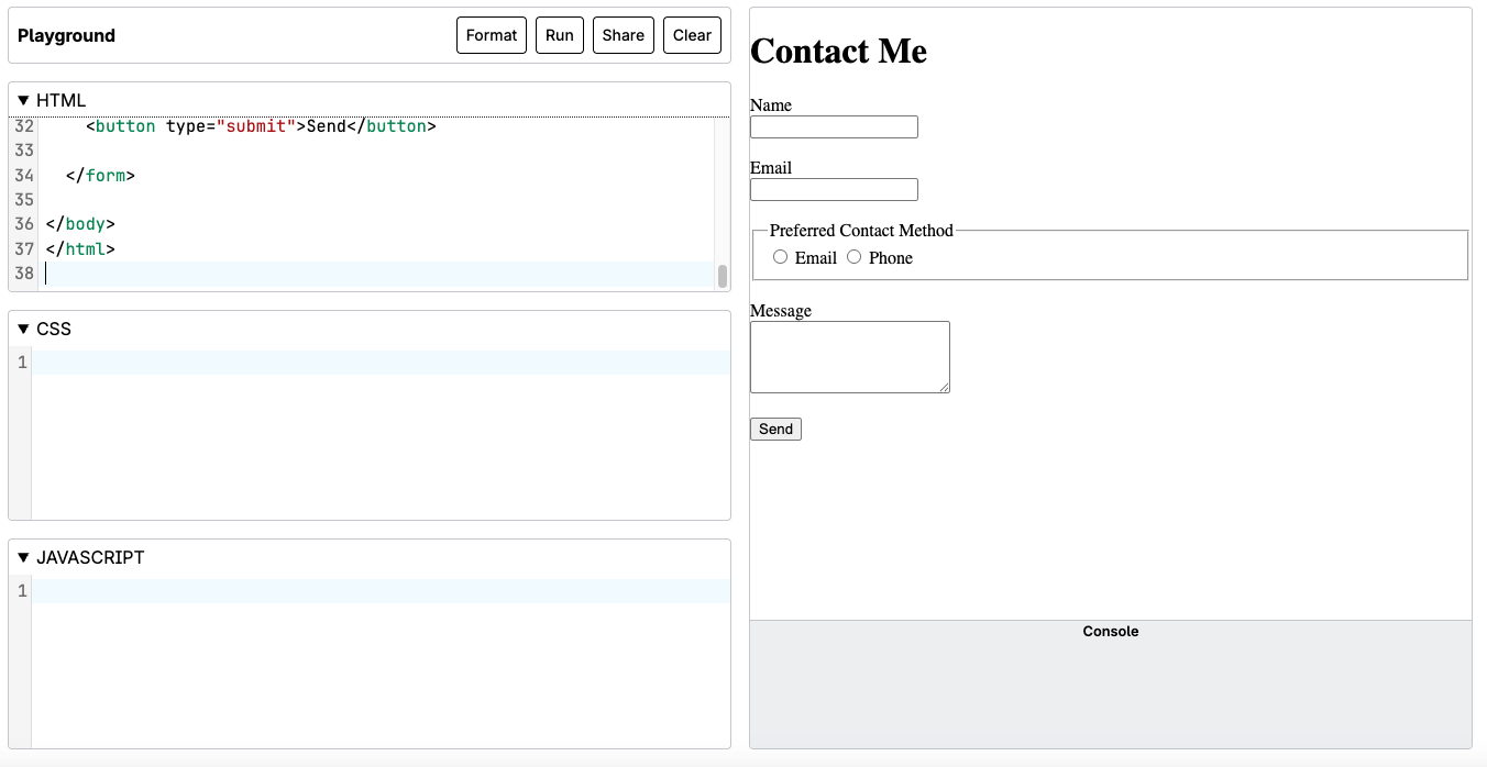 Screenshot of MDN Playground demonstrating an unstyled HTML form with inputs for Name, Email, and a message box.