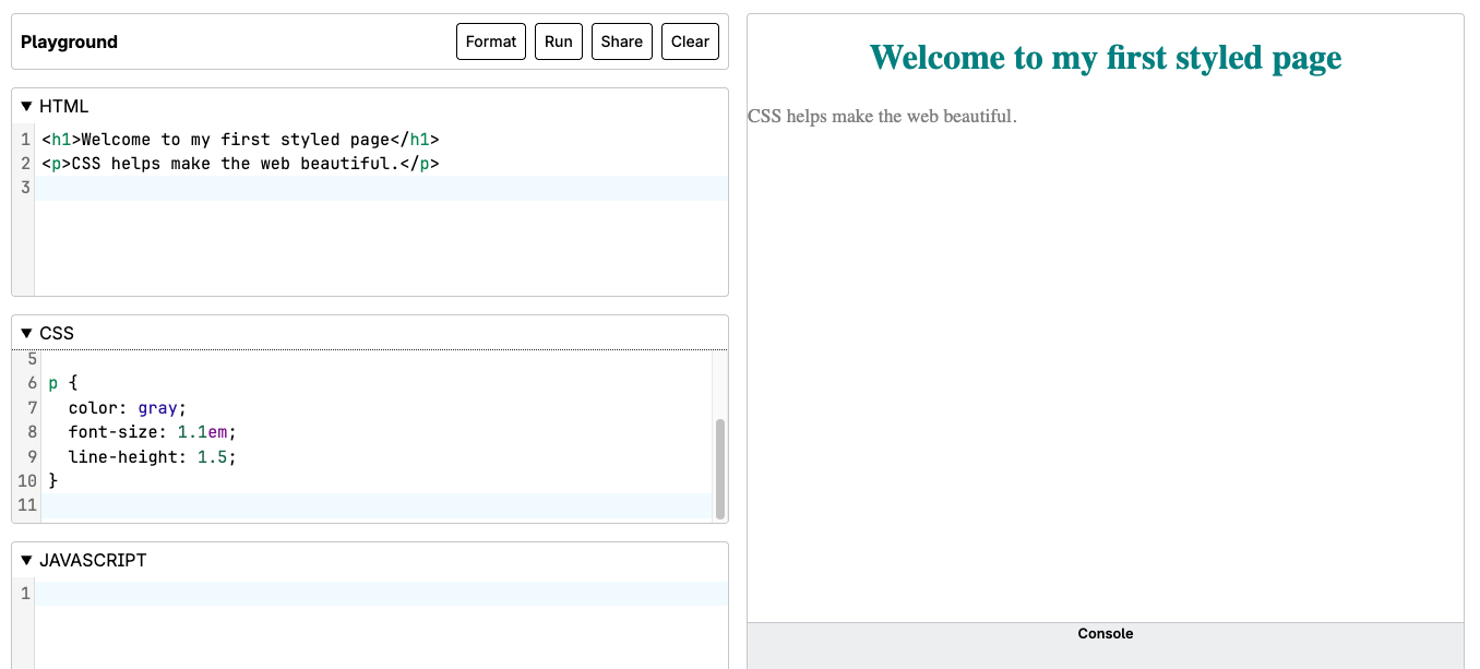 Browser preview showing the teal, centered heading and gray paragraph text produced by the example CSS code