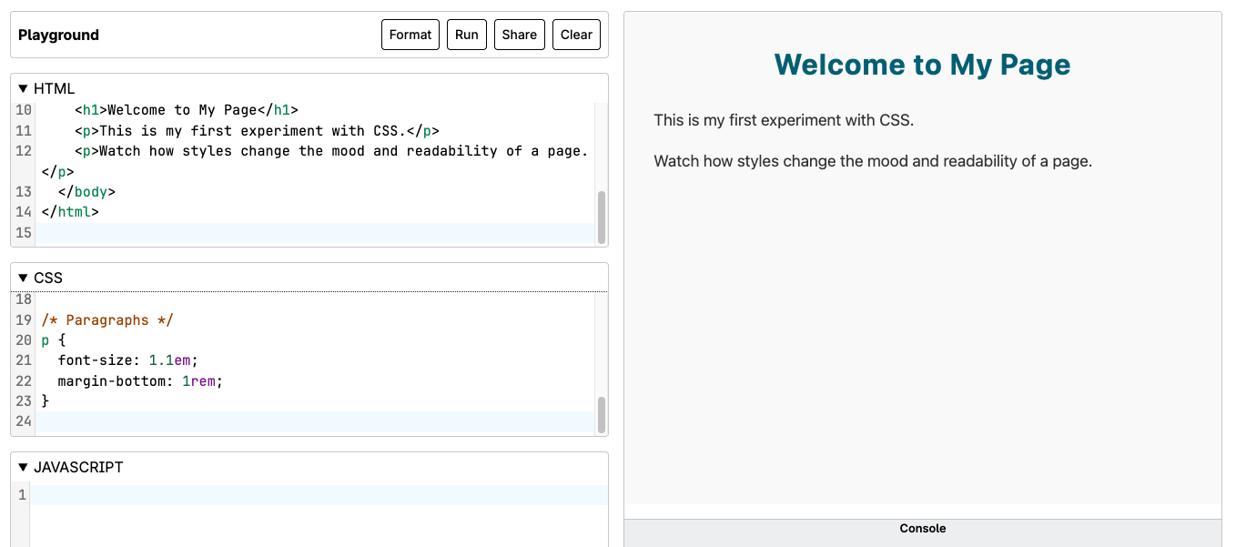 Browser preview showing the styled heading and paragraphs from the example page