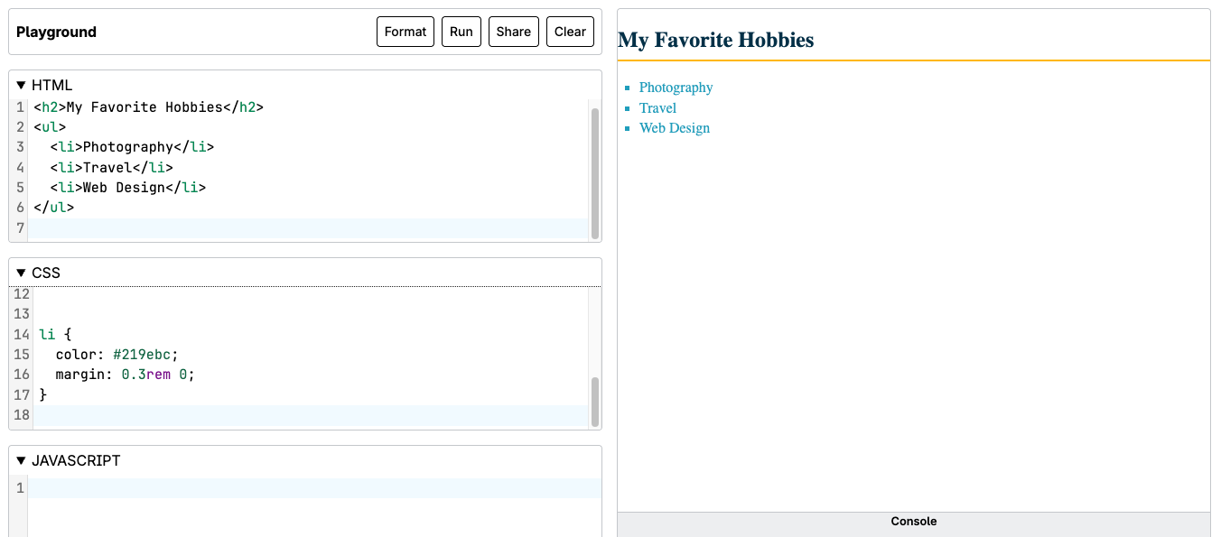 Browser preview showing the styled heading and square bulleted list of hobbies