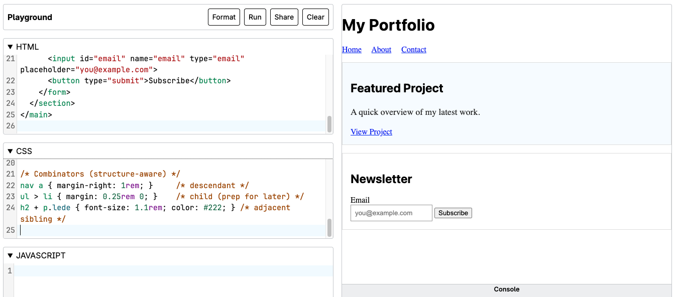Browser preview of the portfolio example styled with type, class, ID, attribute, and state selectors