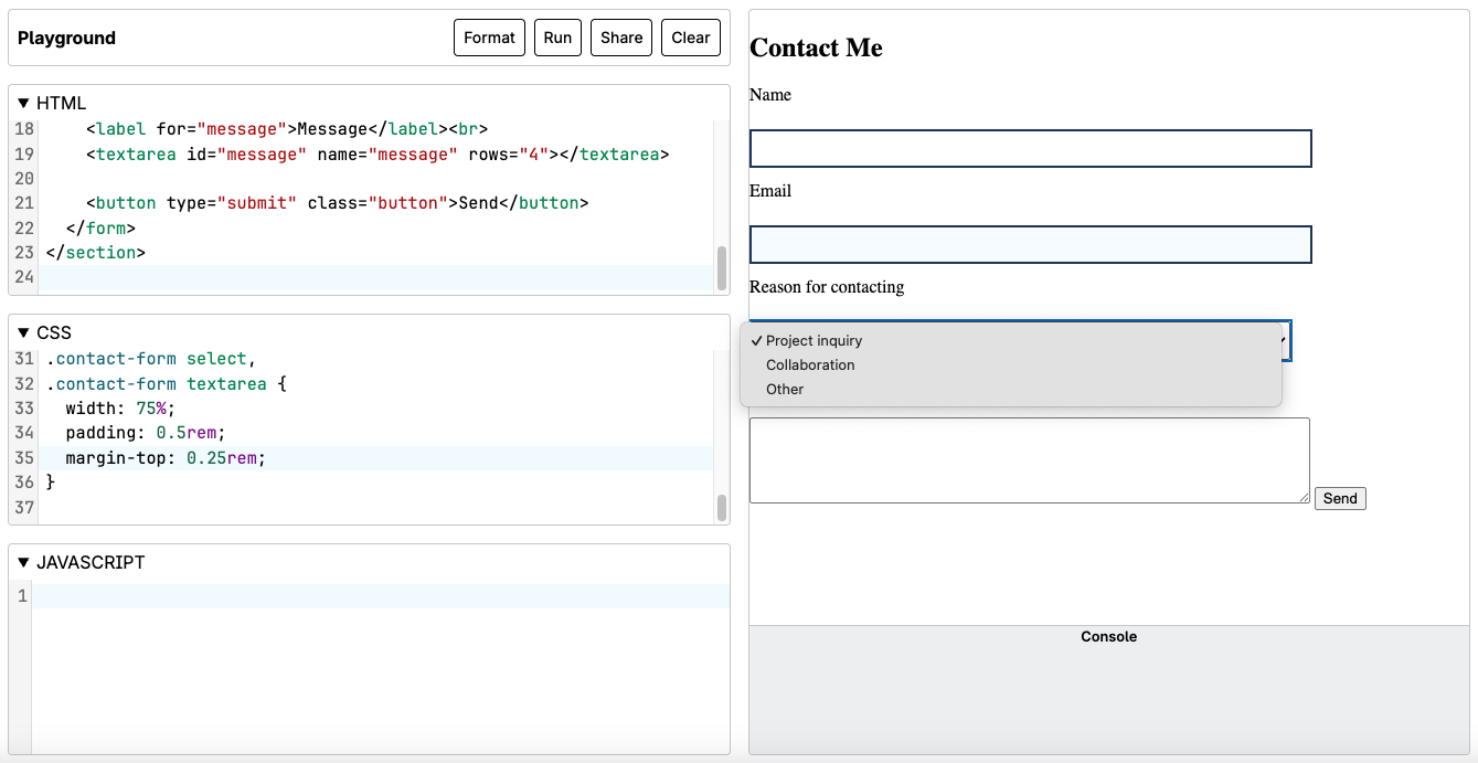 Browser preview of the styled contact form with required field borders and focus outlines
