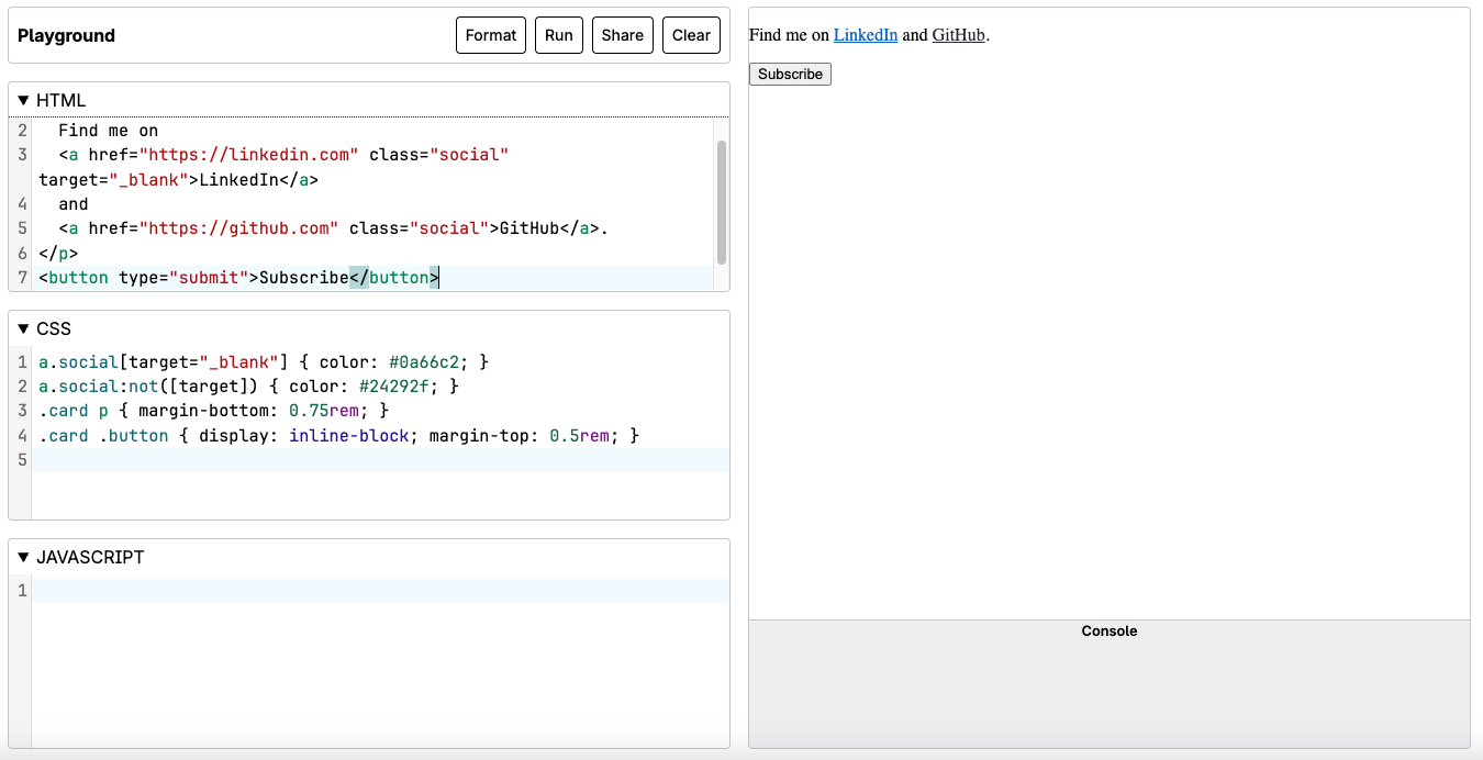 Browser preview showing the styled social links and card layout from the practice exercise