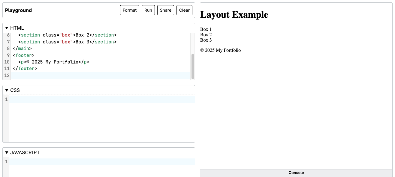 Screenshot of MDN Playground showing a basic HTML structure and its unstyled layout text preview.