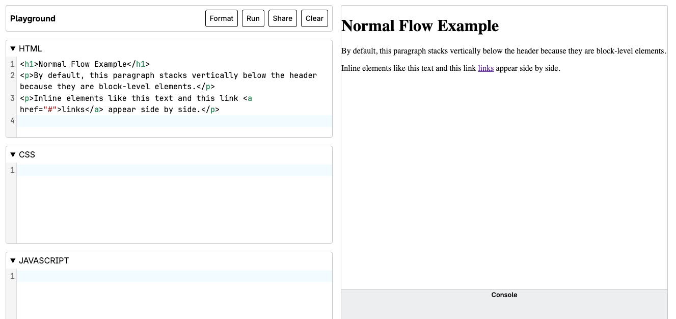 Screenshot of MDN Playground explaining normal flow and block versus inline element behaviors.